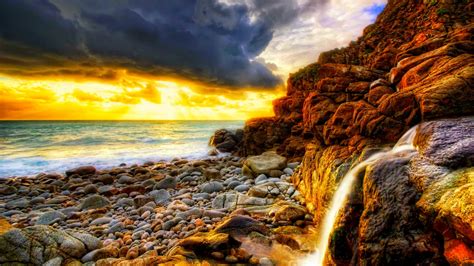 1920x1080 Nature Sunset Waves Clouds Sky Rocks Horizon Shore Ocean Sea Waterfall