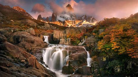 Waterfall With Mount Fitz Roy In Autumn Los Glaciares National Park