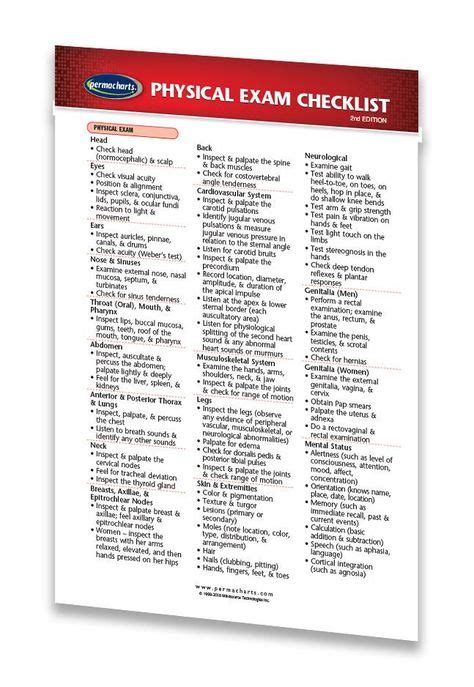 Physical Exam Checklist Nursing Medical Pocket Chart Quick Reference