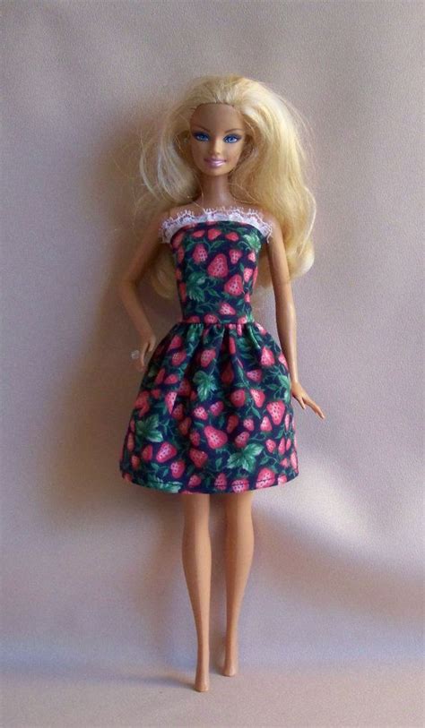 Handmade Barbie Clothes Navy With Strawberries Print Barbie Dress