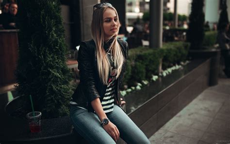 Women Blonde Long Hair Sunglasses Jeans Jacket Sitting Ivan Gorokhov Maria Puchnina Leather