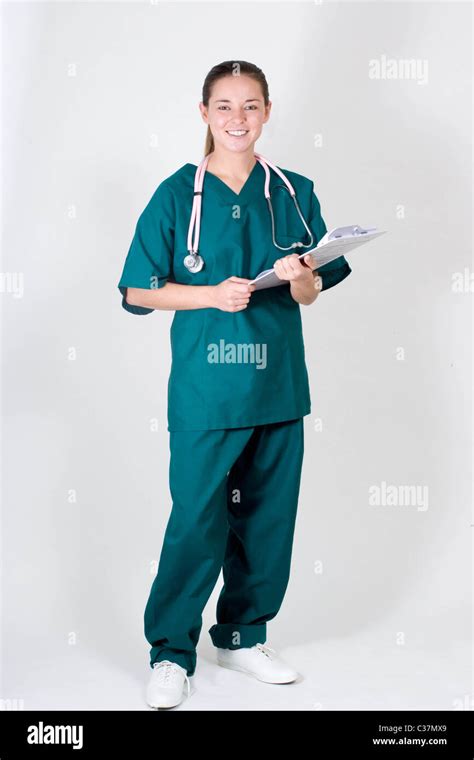 Portrait Of Young Nurse In Scrubs Full Body Stock Photo Alamy