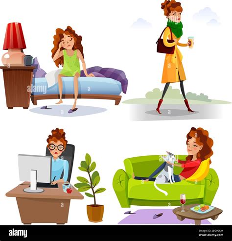 Working Woman Daily Routine Activities From Waking Up 4 Cartoon Style