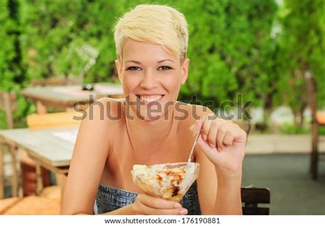 Closeup Young Women Eating Fruit Salad Stock Photo 176190881 Shutterstock