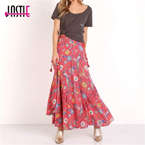 Jastie Boho Floral Print Long Skirts Women Summer Skirts Elastic Waist