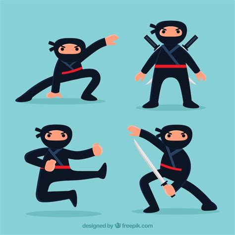Free Vector Cute Ninja Character In Different Poses With Flat Design