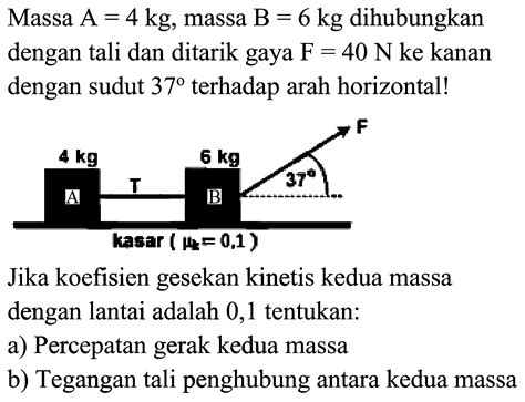 Massa A=4 kg , massa B=6 kg dihubungkan dengan tali da...
