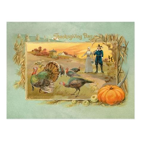 vintage pilgrims and turkeys postcard in 2020 vintage thanksgiving vintage
