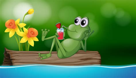 Cute Frog Drinking Juice On The Log Download Free