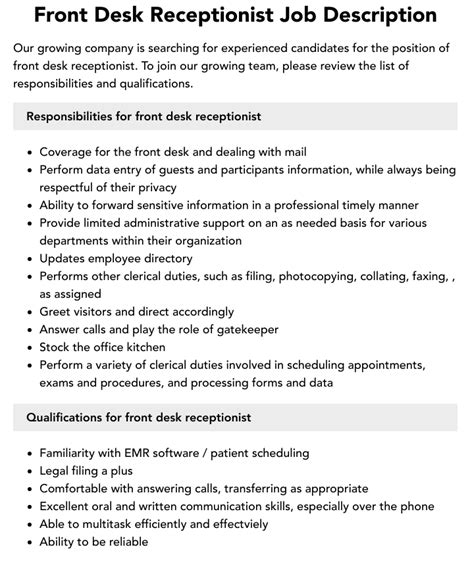 Front Desk Receptionist Job Description Velvet Jobs