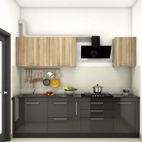 Black And Wood Compact Modular Kitchen Design Livspace