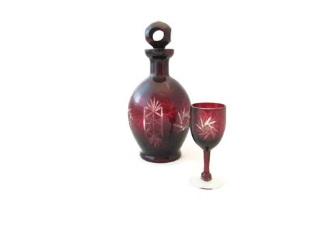 Antique Ruby Red Bohemian Glass Decanter Art Nouveau Cut To Etsy