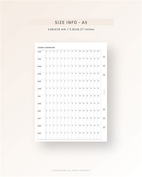 Year At A Glance A5 Planner Inserts Yearly Planner Printable Etsy