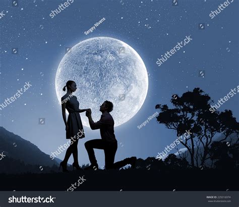 Silhouettes Romantic Couple Under Moon Light Stock Photo 229316974
