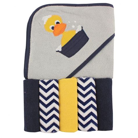 Luvable Friends Baby Unisex Hooded Towel With Five Washcloths Duck