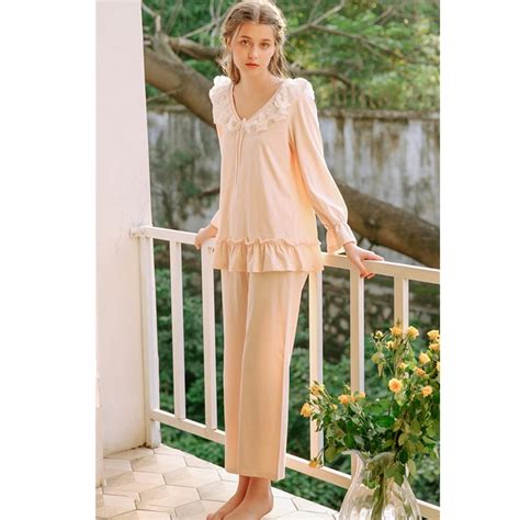 2019 Spring Pajama Set Vintage Cotton Sleepwear Women Lace Ruffled Long Sleeve Pyjama Femme