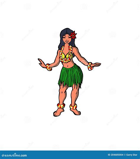 Hawaiian Girl Cartoon Character Dancing Traditional Dance And Smiling