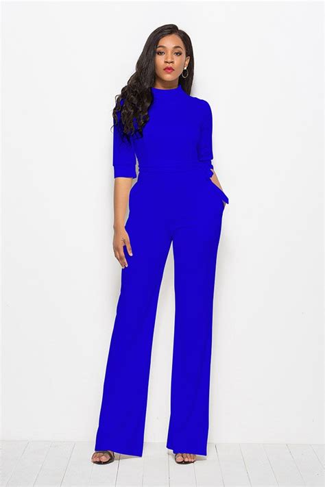 Womens Wide Leg Jumpsuit With Half Sleeve And High Neck