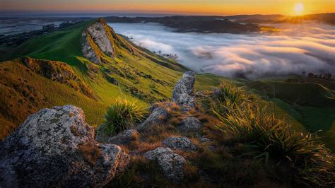 Dawn Fog Morning Mountain In New Zealand During Sunrise Hd