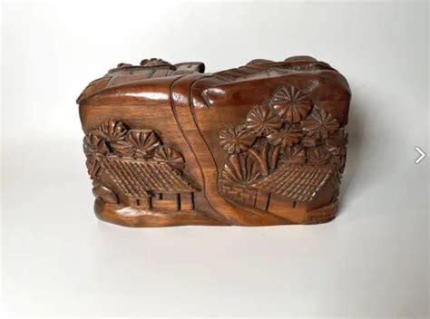 3D VINTAGE ASIAN Japanese Hand Carved Wood Landscape Finish Jewelry