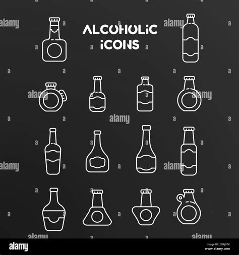 Set Of White Linear Vector Icons Of Alcoholic Bottles Illustration Isolated On Black Background