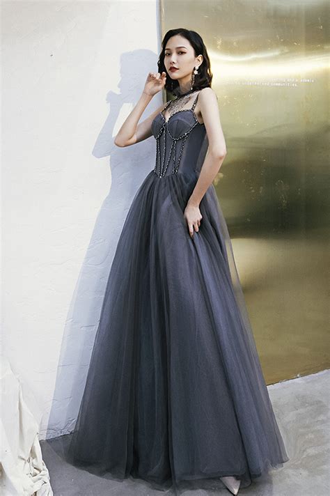 Gray Tulle Beads Long Prom Dress A Line Evening Dress · Little Cute