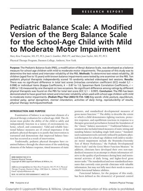 Pdf Pediatric Balance Scale A Modified Version Of The Berg Balance