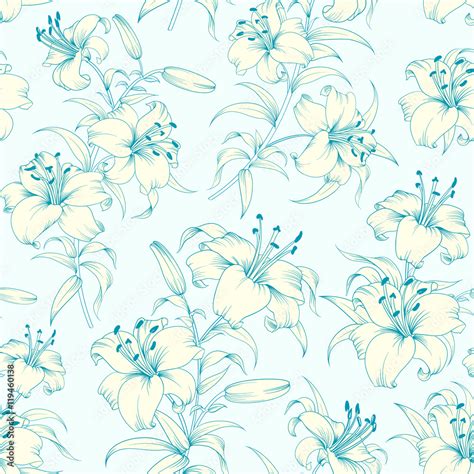 Lily Flower Seamless Pattern With White Lilies Over Blue Background