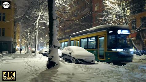 Snowfall Ambience Winter Walk At Night In Helsinki Finland 21