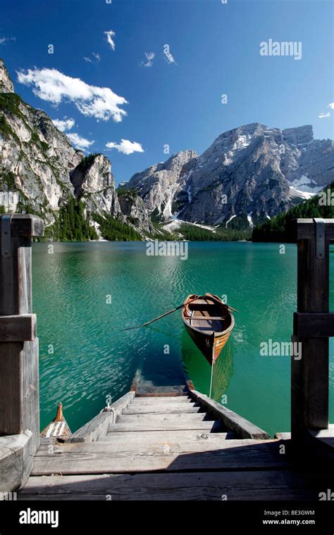 Boat Lago Di Braies Dolomites Alto Adige Italy Europe Stock Photo