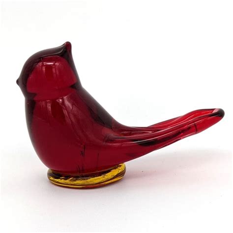 Cardinal Of Love Bird Titan Art Glass Amber Base Signed W Etsy