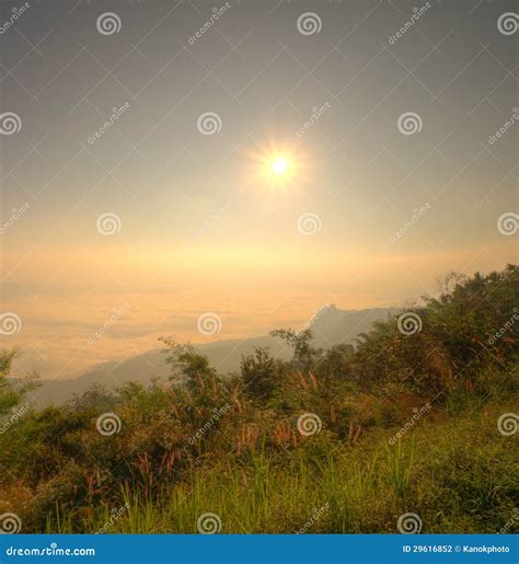 Landscape Of Sunrise And Fog At Doi Samer Dao Northern Thailand Stock