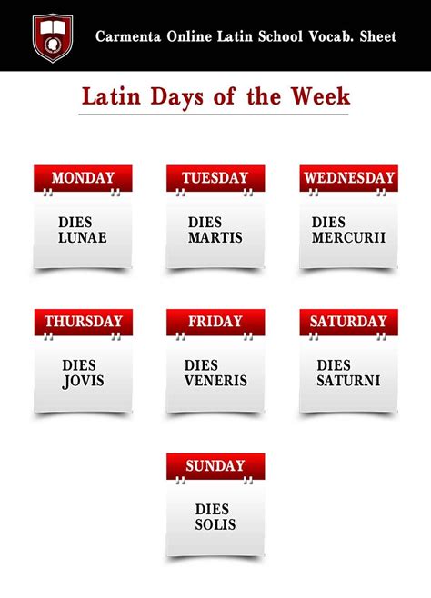 Carmenta Free Vocab Sheetdays Of Week Latin Quotes Latin Phrases