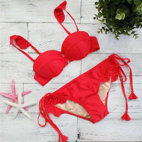 2019 Brand New Beach Red Bandage Bikini Sexy Women Bandage Bra Bikini Swimwears For Woman Halter
