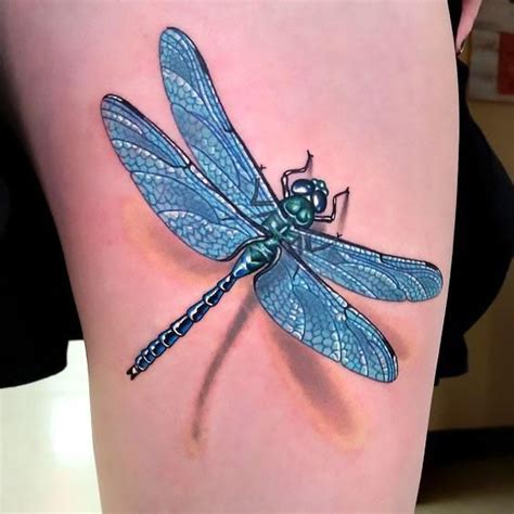 Amazing Blue Dragonfly On The Thigh Beautiful 3d Tattoo For Girls