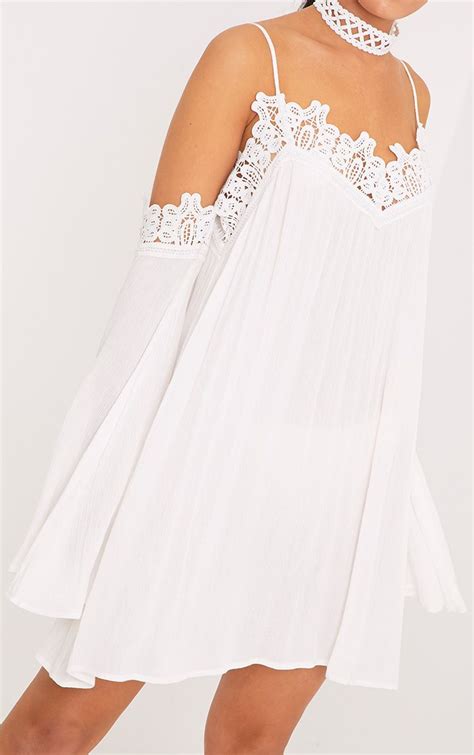 Marisol White Cheesecloth Cold Shoulder Choker Swing Dress