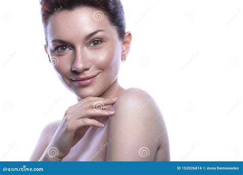 Cute Brunette Woman With Nude Make Up Clean Flawless Fresh Skin Stock