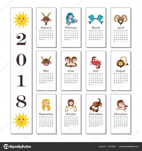 2018 Calendar With Cute Cartoon Signs Of The Zodiac Stock Vector By