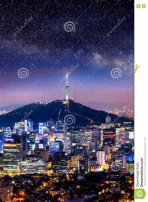 View Of Downtown Cityscape And Seoul Tower With Milky Way In Seoul