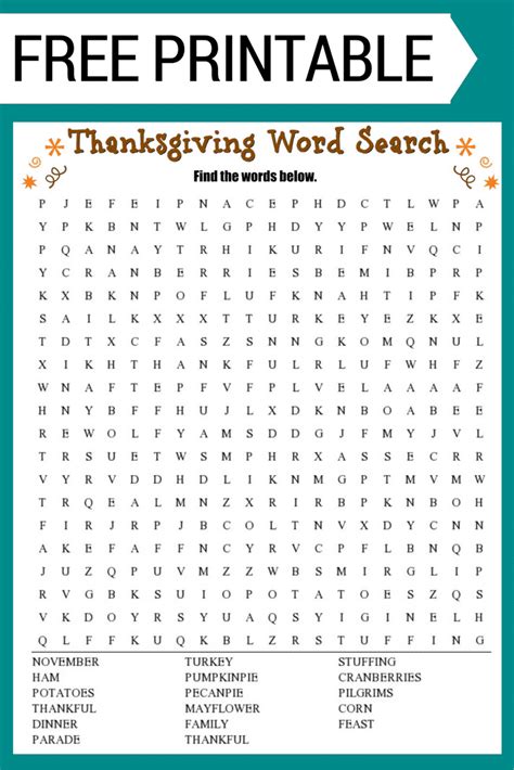 Free Printable Word Search Thanksgiving