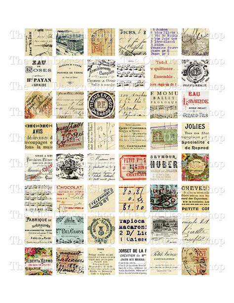 Vintage French Ephemera 1 Inch Squares Printable Digital Collage Sheet