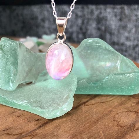 Pink Moonstone Oval Pendant With Silver Chain Etsy Uk Pink