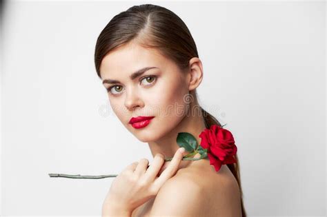 Lady With Rose Eyes Closed Red Lips Model Luxury Stock Image Image Of