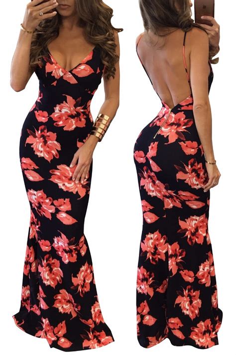 Sexy Women Summer Dresses Printted Long Maxi Dress Deep V Neck