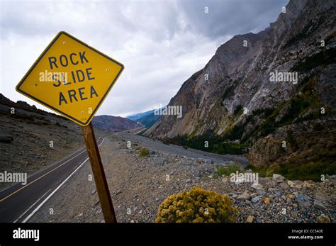 Rock Slide Area Road Warning Sign In Tioga Pass Towards Yosemite Stock