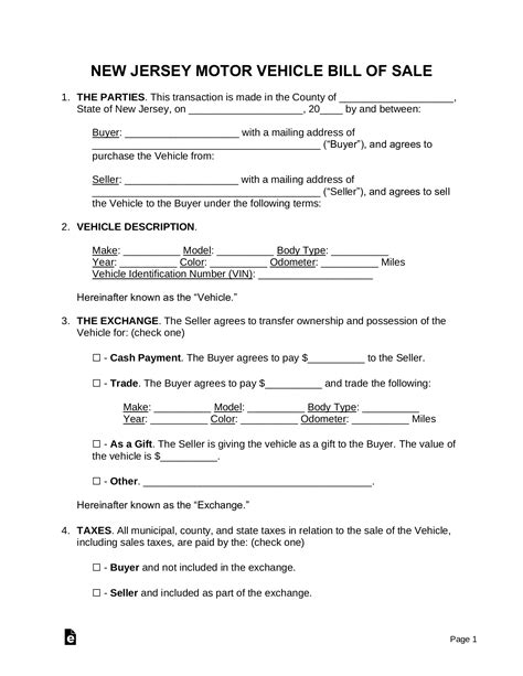 Free New Jersey Bill Of Sale Forms Pdf Word Eforms