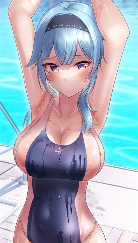 Rule 34 Arms Above Head Arms Up Blue Hair Blush Breasts Eula Genshin
