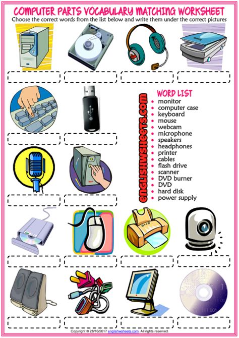 The Computer Parts Worksheet Is Shown In Pink And White With