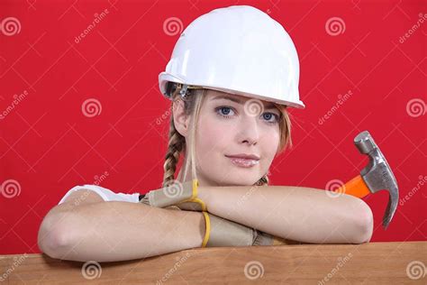 construction worker holding hammer stock image image of female head 26947589