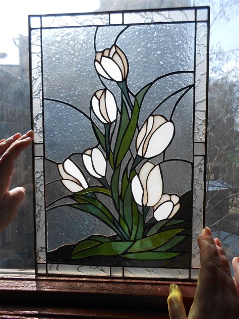 White Tulips Flower Stained Glass Suncatcher By Messageartglass On Etsy Ca